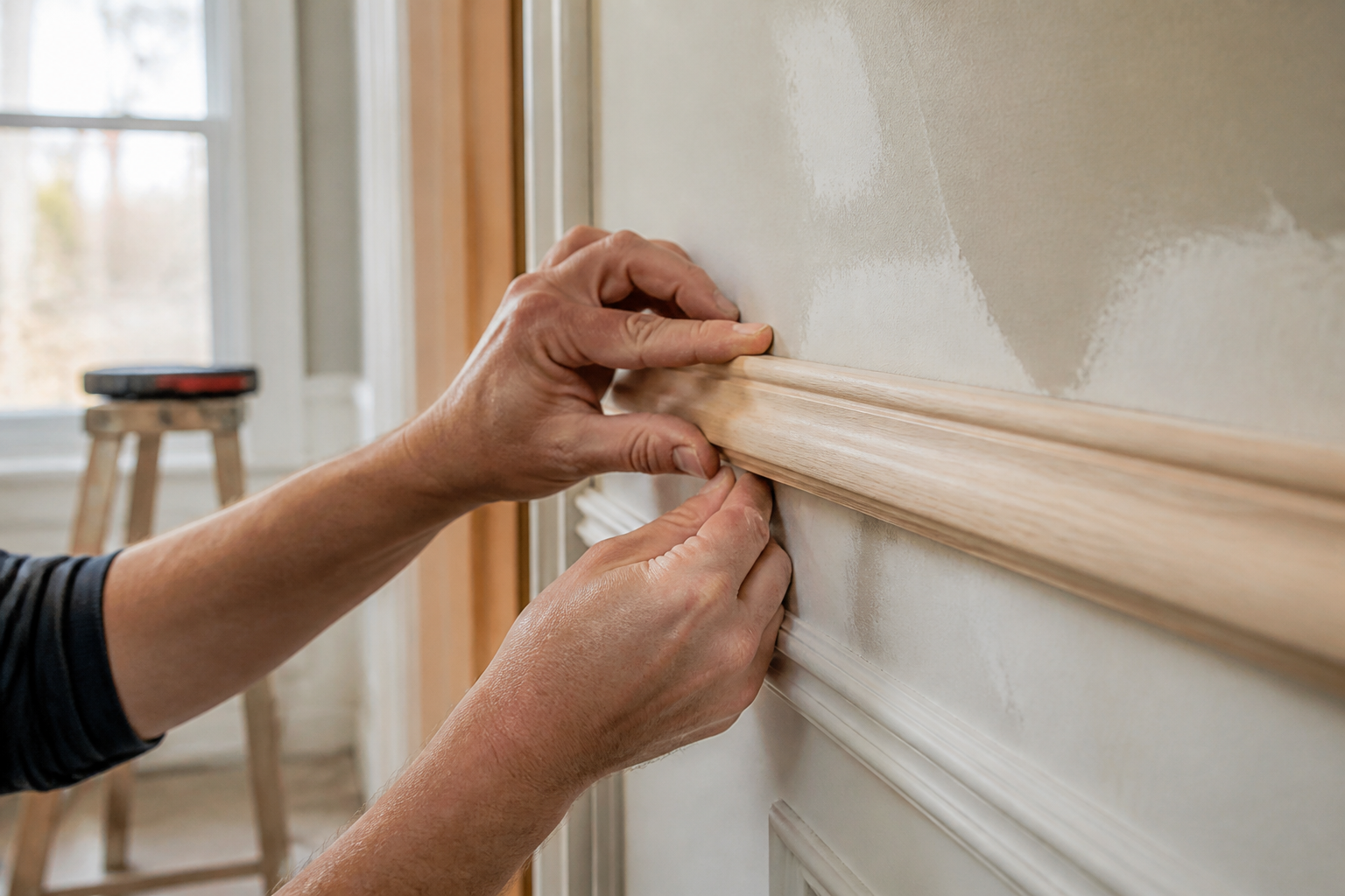 Craftsman hands installing precise wood trim during interior renovation