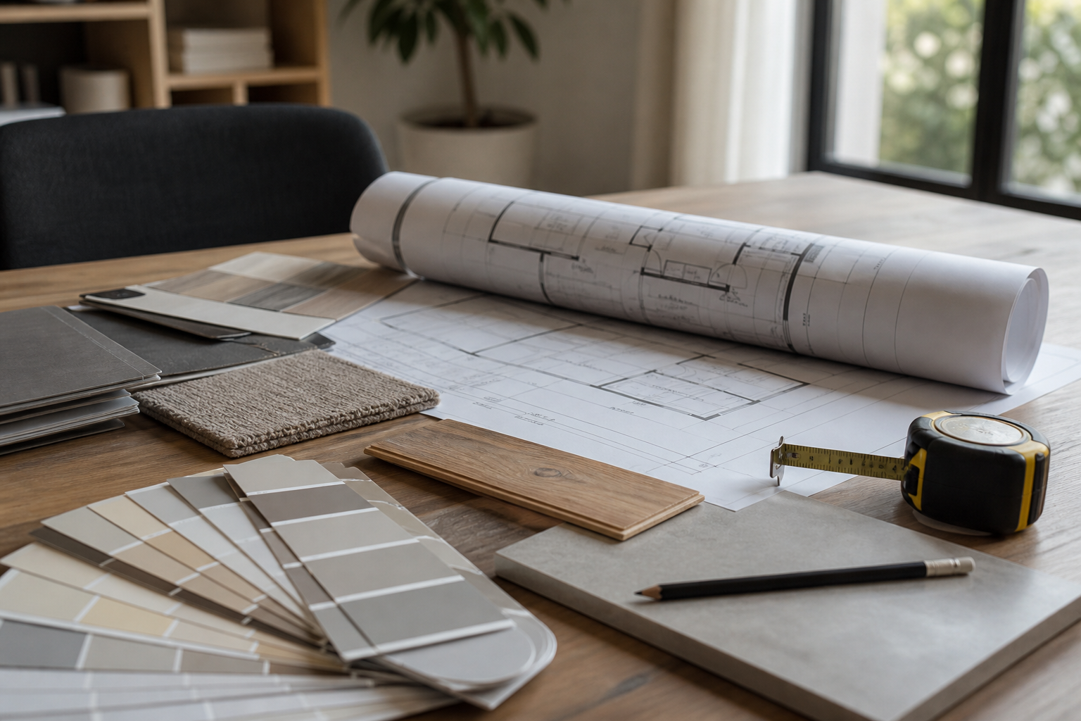 Renovation planning table with floor plans, material samples and measuring tools