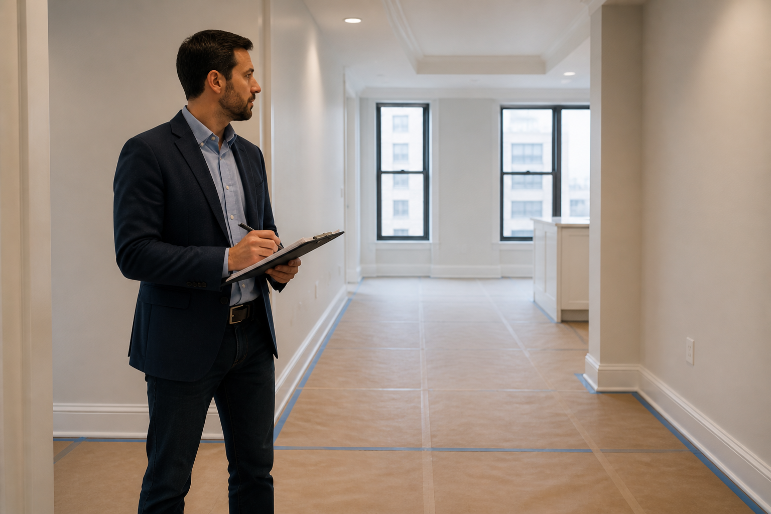 Project review during a renovation walkthrough in a finished apartment zone