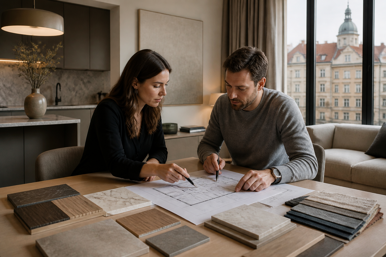 Consultation with floor plans and material samples during a renovation project