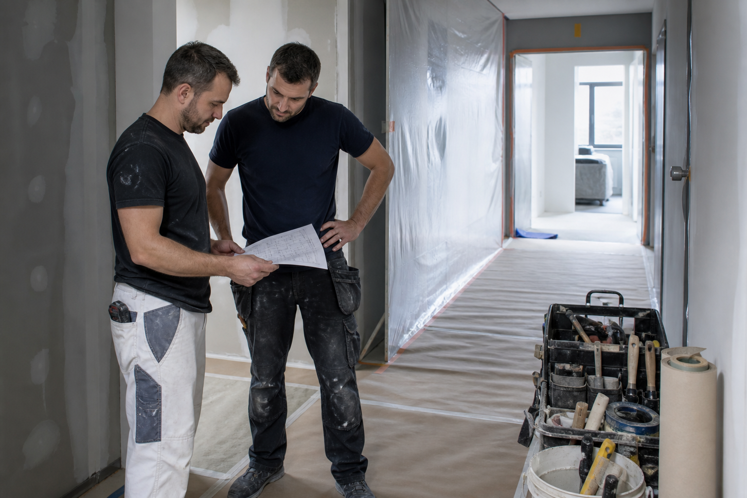 Renovation team coordinating work sequence in a protected apartment hallway