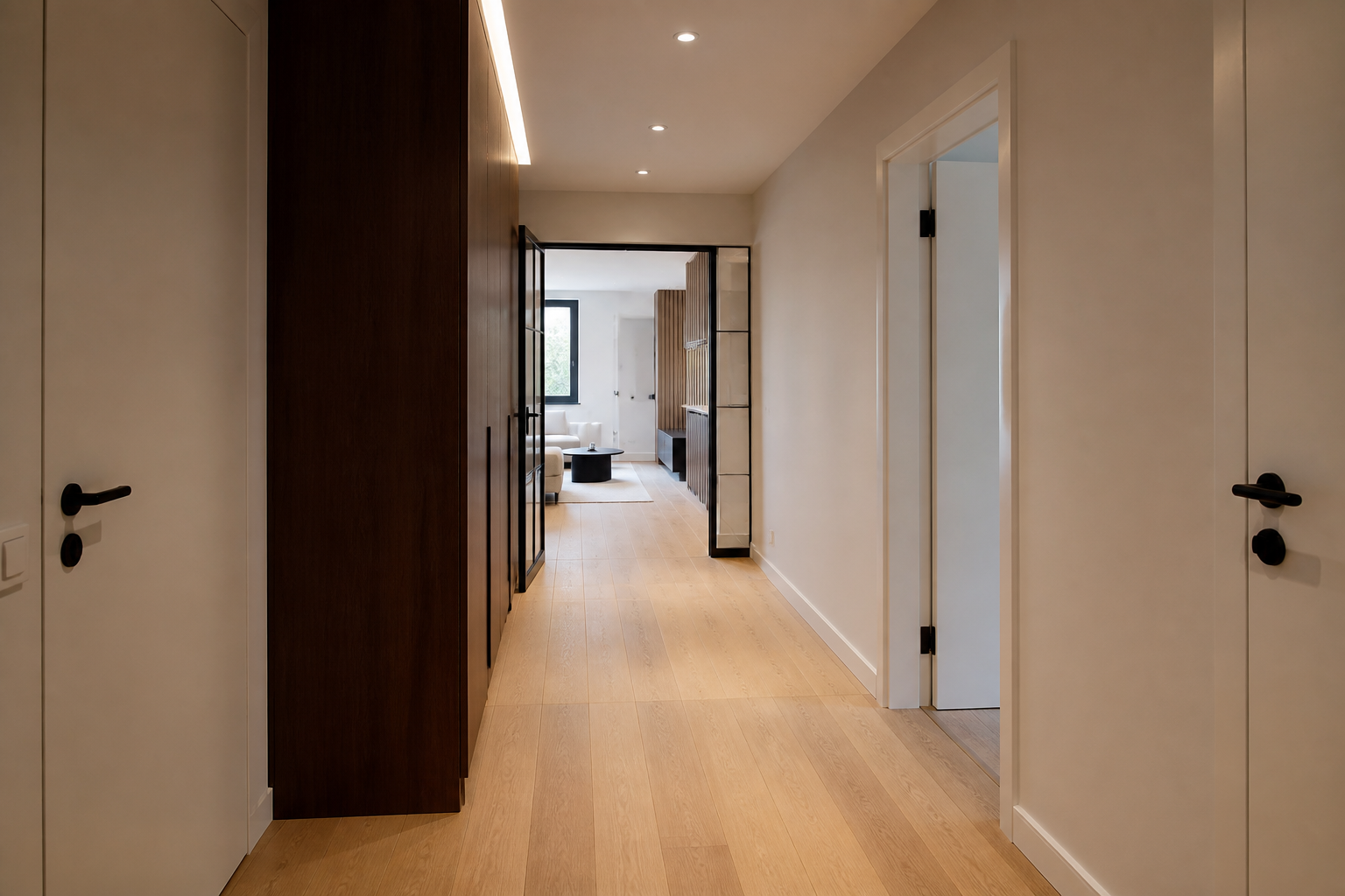 Newly renovated apartment hallway with refined finishes and warm lighting