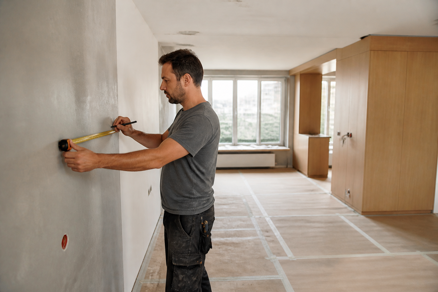 Craftsman marking precise measurements on a wall during renovation planning