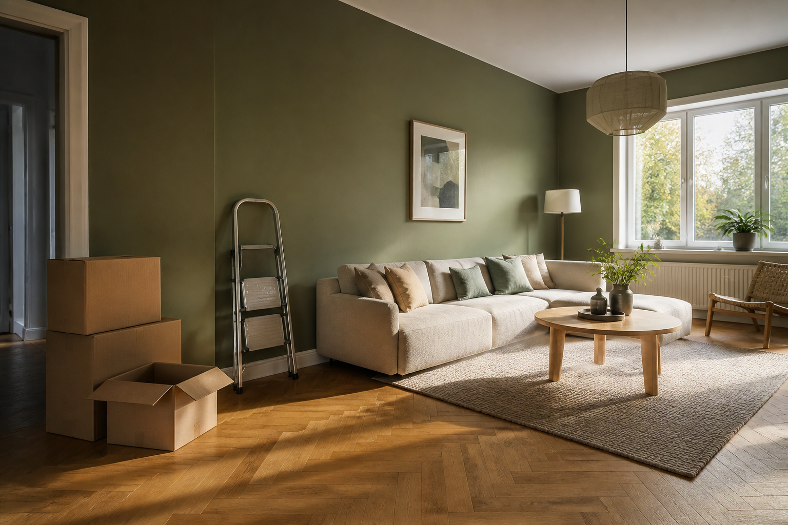 Freshly renovated Scandinavian-style living room with olive matte walls and natural wood parquet flooring