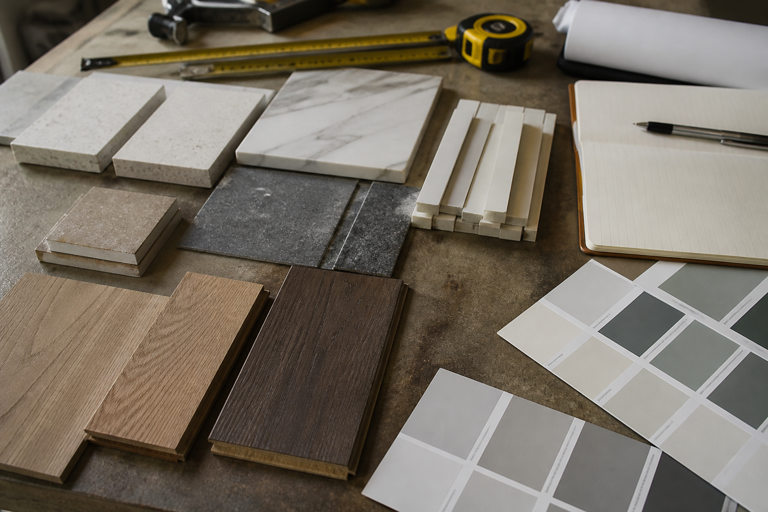 Organised material samples and specifications reviewed on a renovation work table