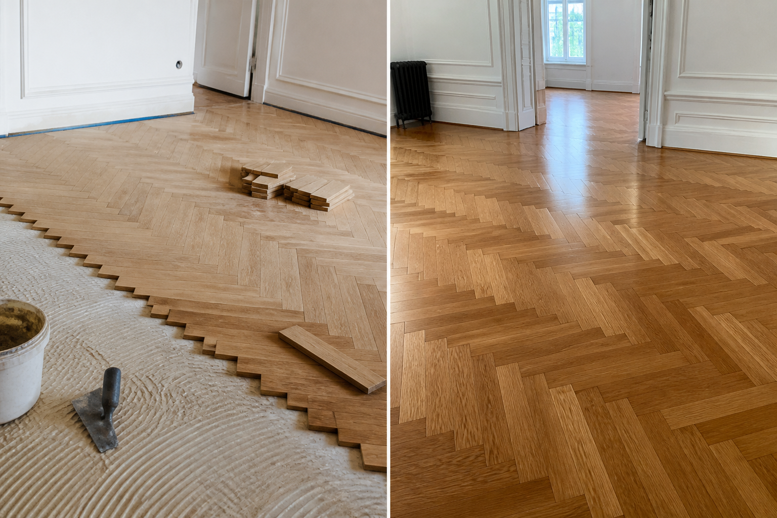 Herringbone parquet and surface finishing in a renovated interior
