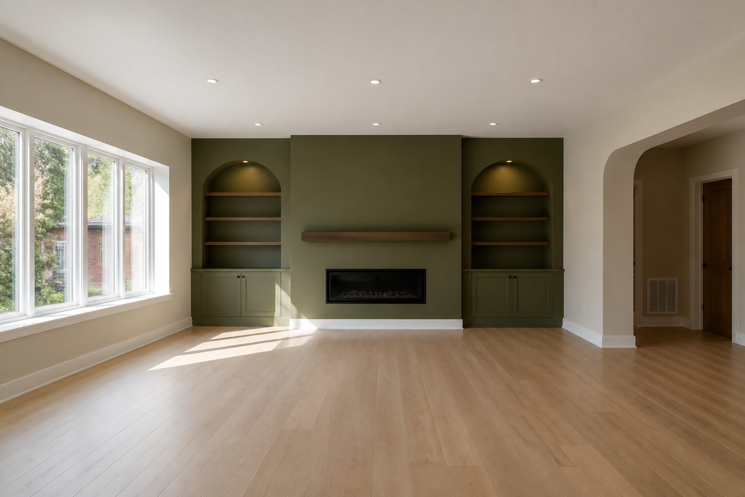 Transformed living area with refined wall and lighting details